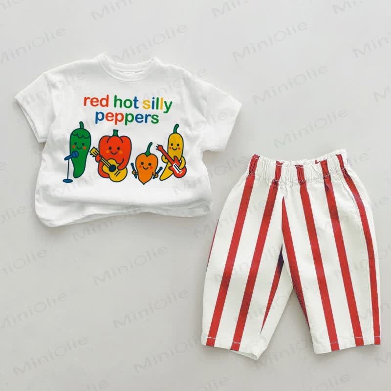 RED HOT SILLY PEPPERS Baby Red Vertical Striped 2-piece Set