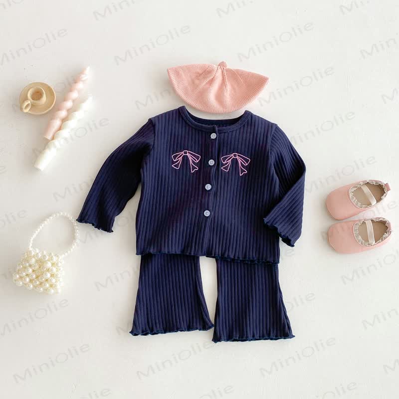 Baby Toddler Girls Embroidered Bow Blue 2-piece Set