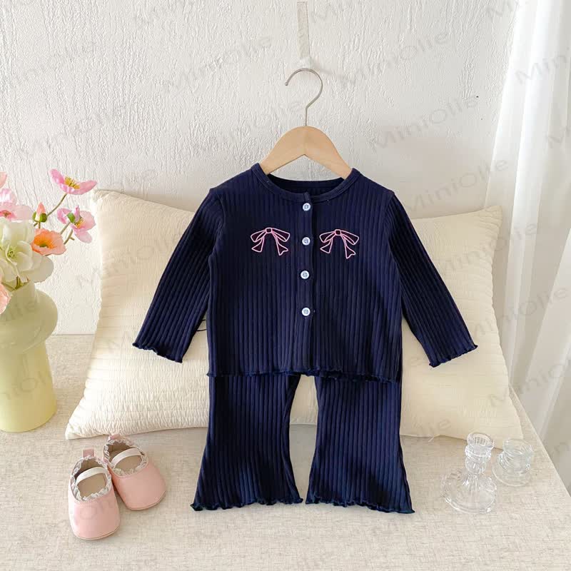 Baby Toddler Girls Embroidered Bow Blue 2-piece Set