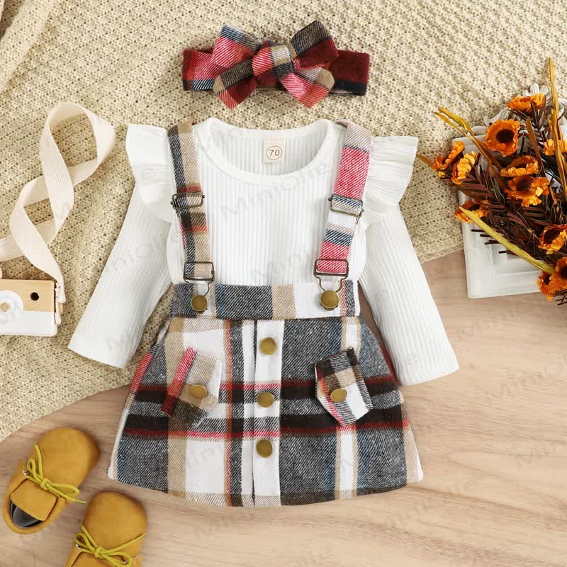 Baby Black White Plaid Suspender Skirt 2-piece Set