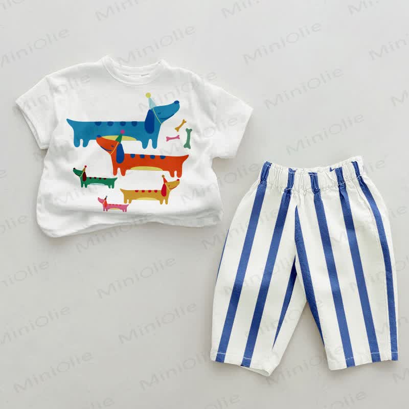 Baby Dachshund Blue Vertical Striped 2-piece Set