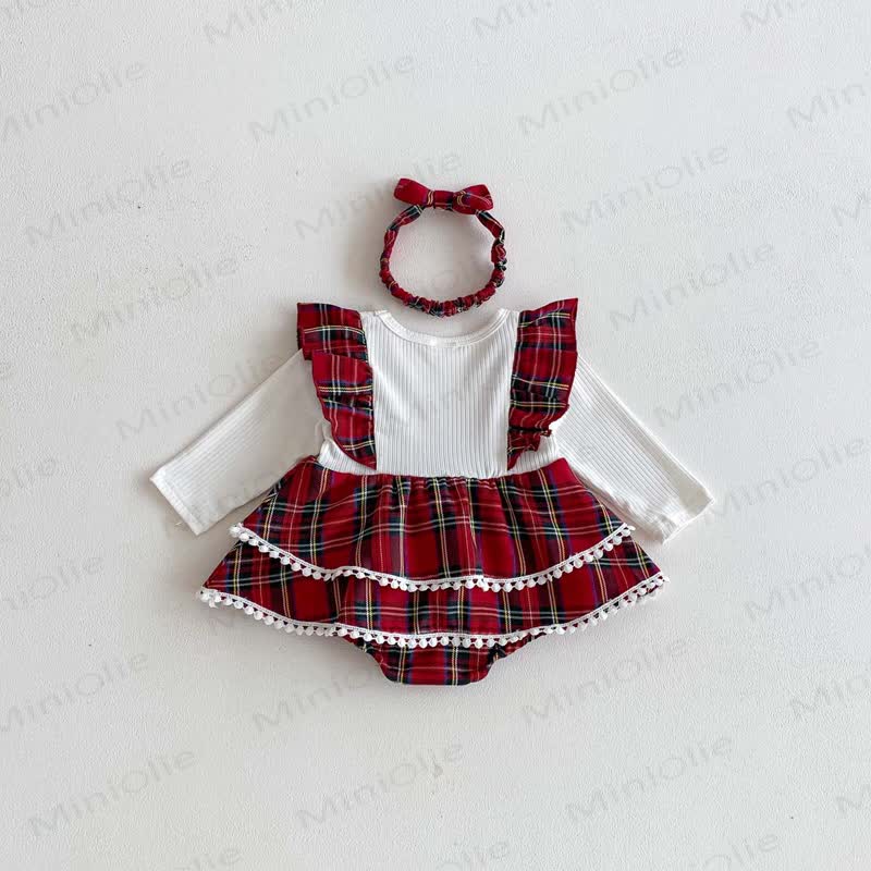 Baby Plaid Daisy Fake 2pcs Bodysuit with Headband