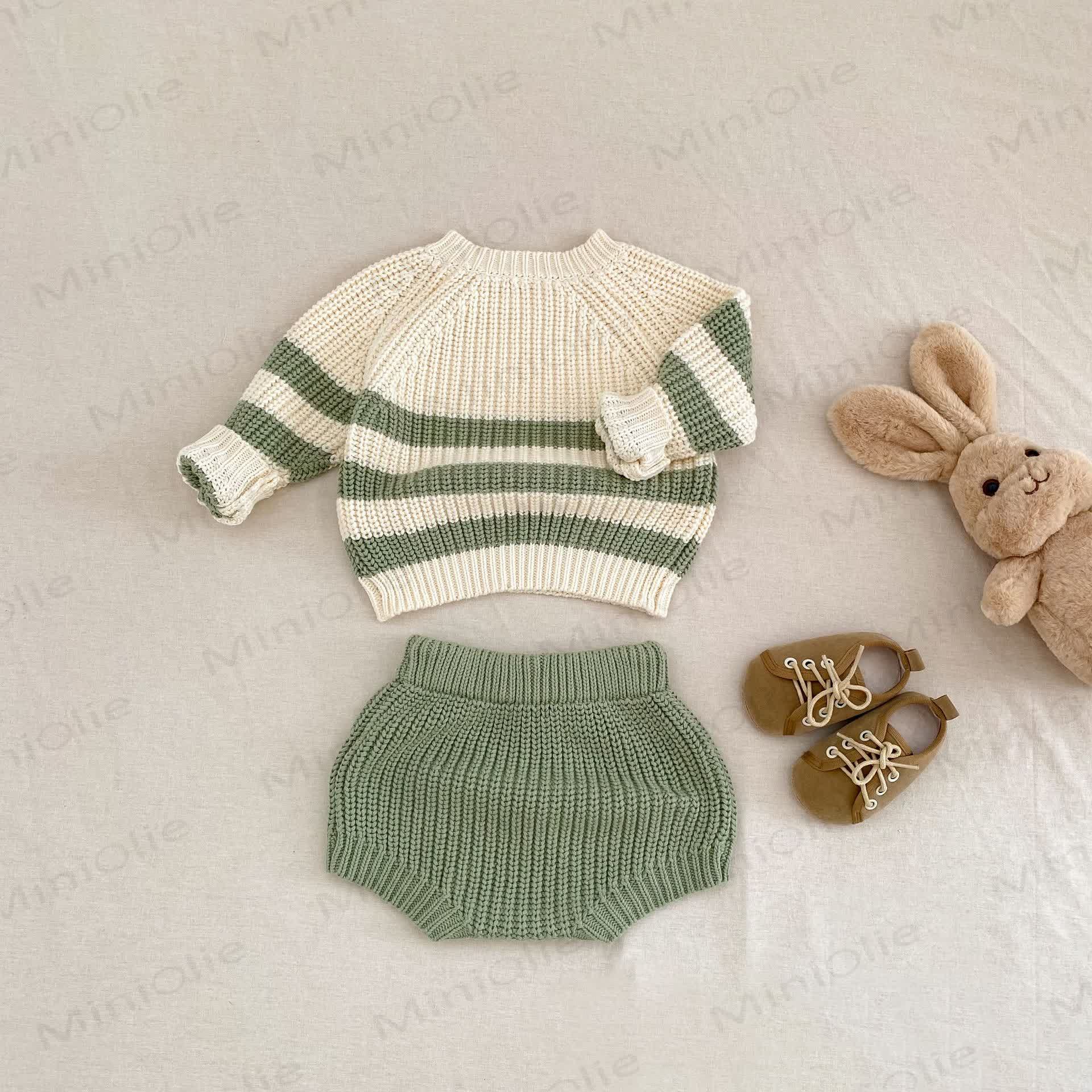 Baby Toddler Beige Green Knitted Stripe 2-piece Set
