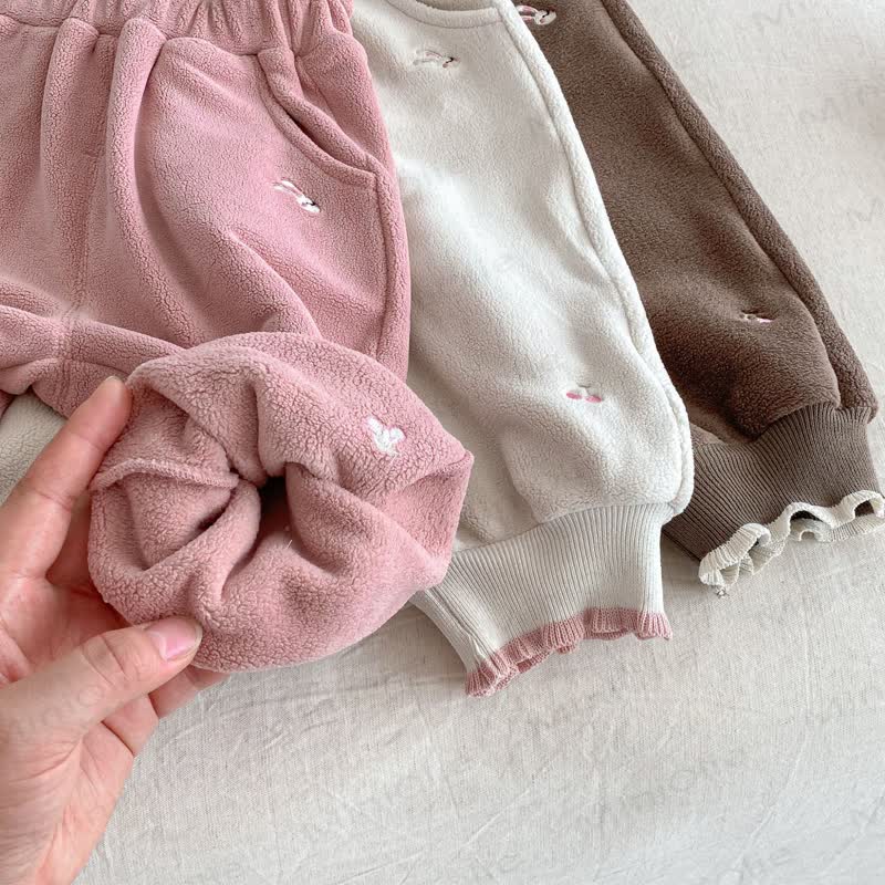 Baby Toddler Girl Embroidered Bow Rabbit Fleece Jogger Pants