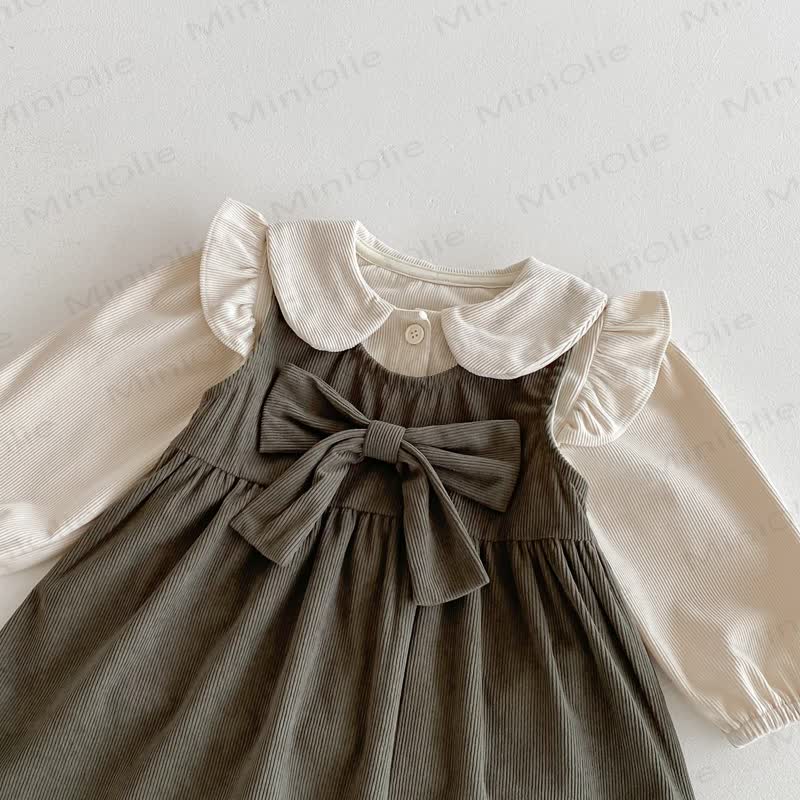 Toddler Girl Cord Bow Green Sleeveless Dress/Beige Baby Collar Top