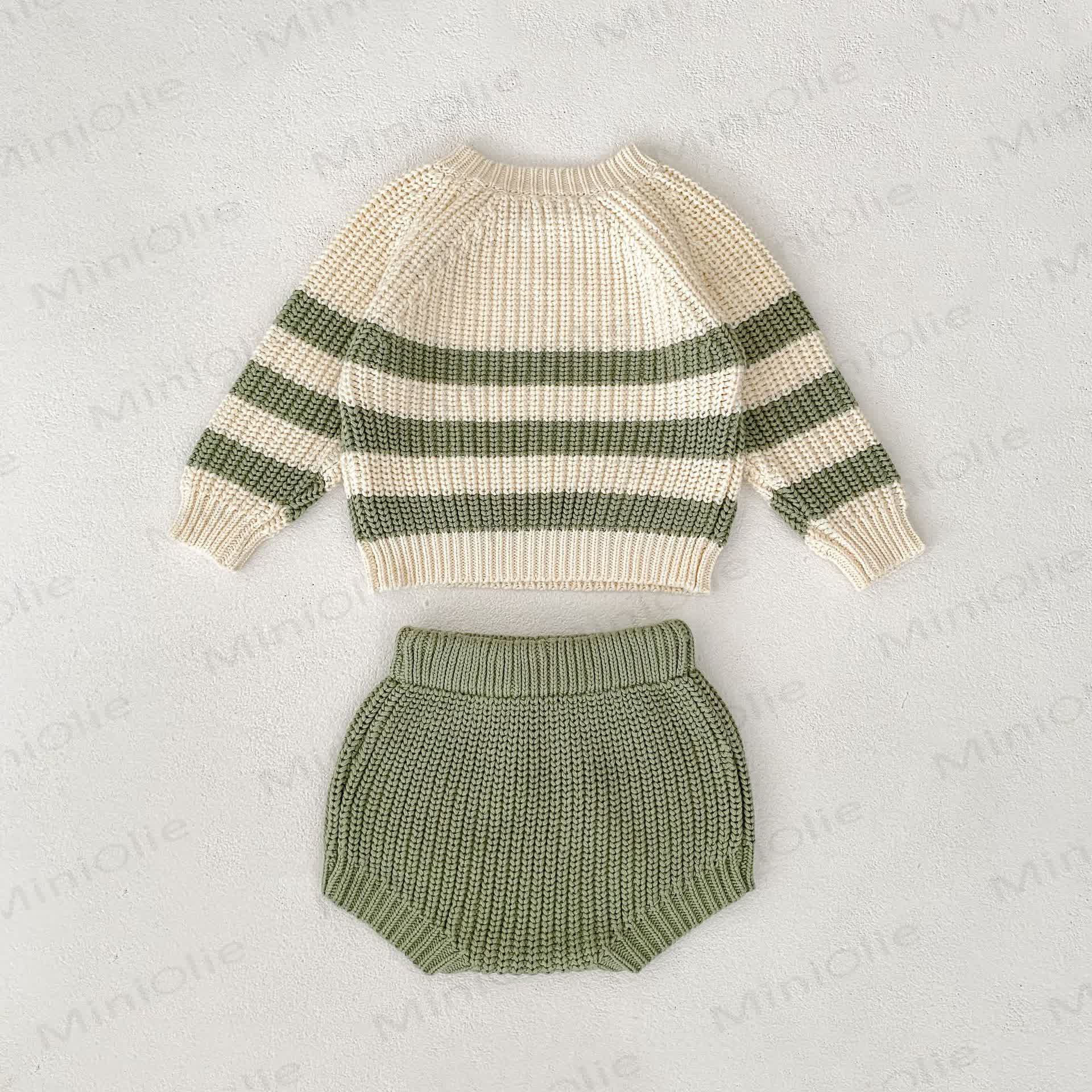 Baby Toddler Beige Green Knitted Stripe 2-piece Set