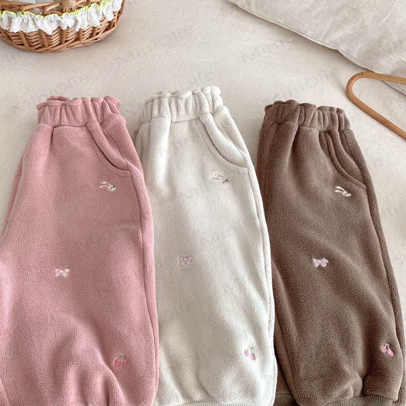 Baby Toddler Girl Embroidered Bow Rabbit Fleece Jogger Pants
