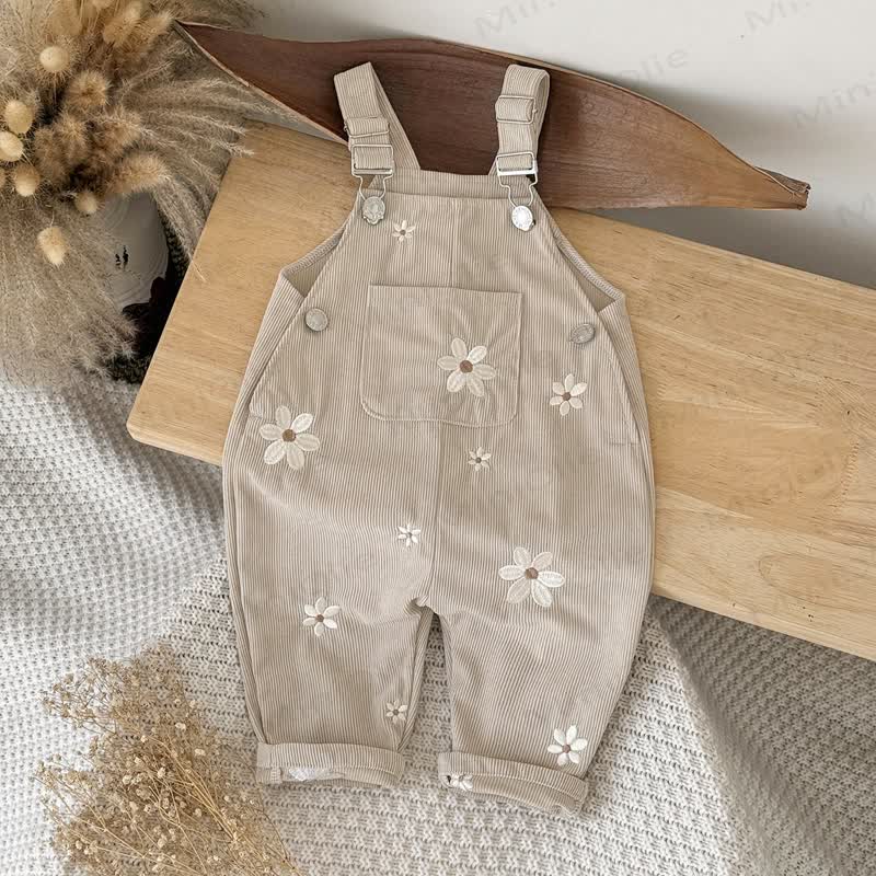 Baby Girl Cord Knitted Embroidered Flower Overalls