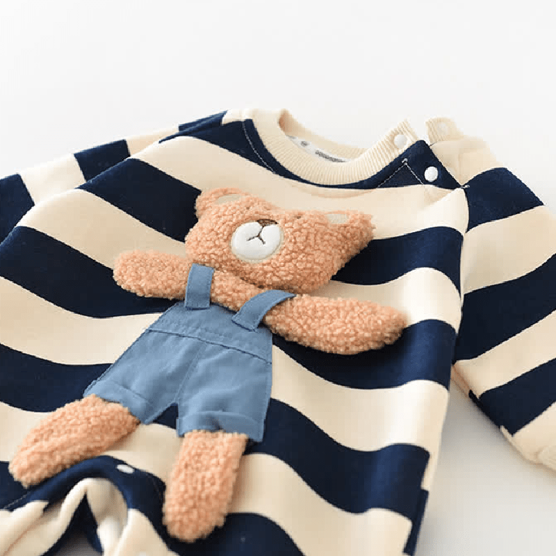 Baby Striped Bear Fleece Lined Romper