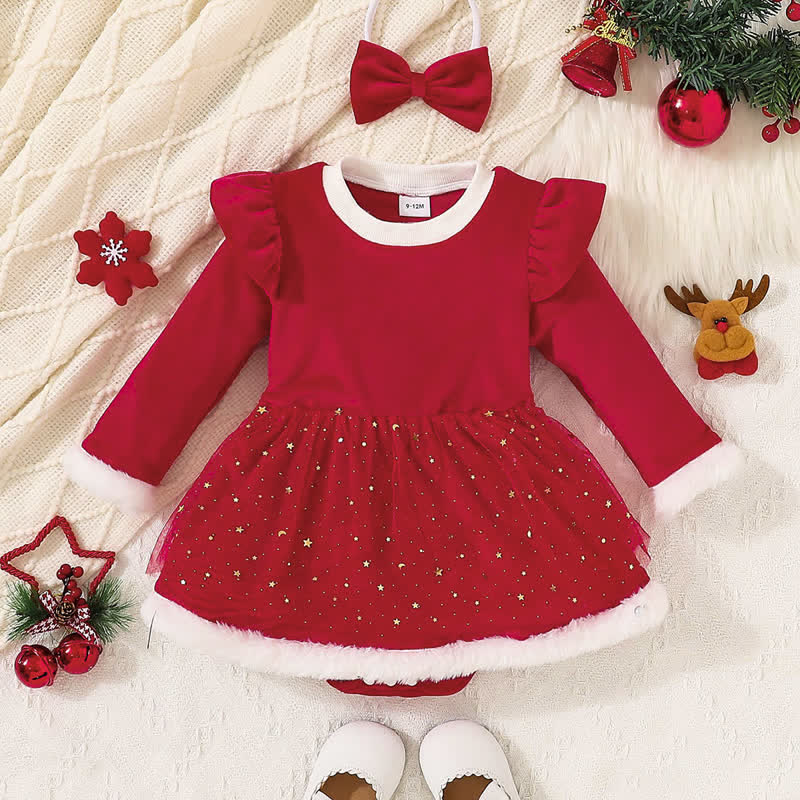 Baby Christmas Red Skirted Bodysuit with Headband