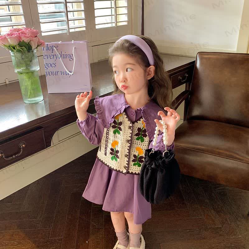 Toddler Girls Flower Ruffles Purple Cord Dress