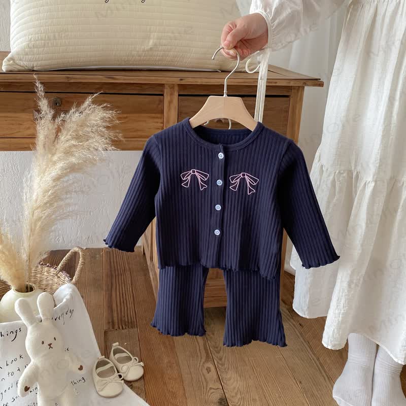 Baby Toddler Girls Embroidered Bow Blue 2-piece Set