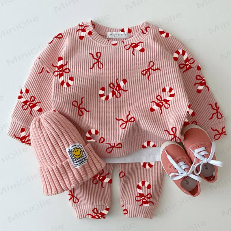 Baby Waffle Christmas Candy Cane Sweatshirt 2-piece Set