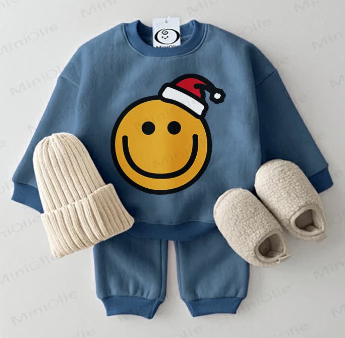 Baby Christmas Smiling Face Sweatshirt 2-piece Blue Set