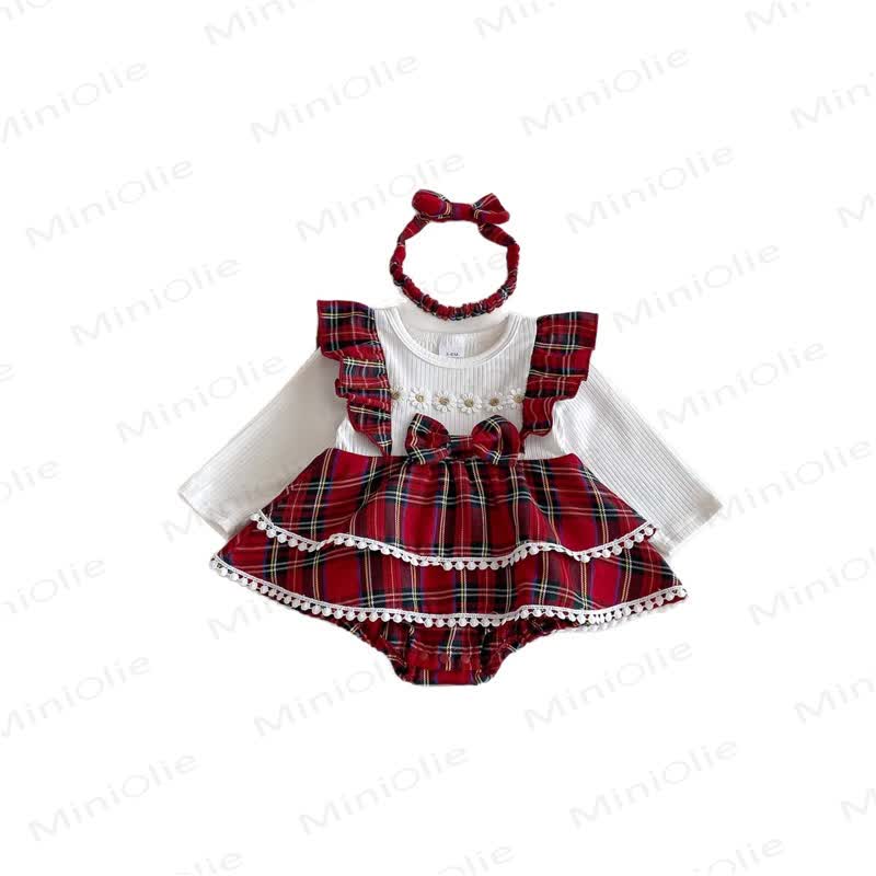 Baby Plaid Daisy Fake 2pcs Bodysuit with Headband