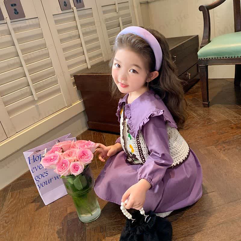 Toddler Girls Flower Ruffles Purple Cord Dress