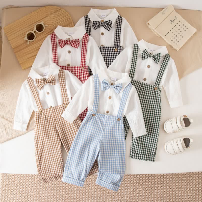 Baby Boy Gentleman Plaid Bodysuit Overalls 2-piece Set