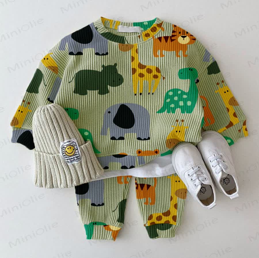 Baby Waffle Cartoon Animals Sweatshirt 2-piece Set
