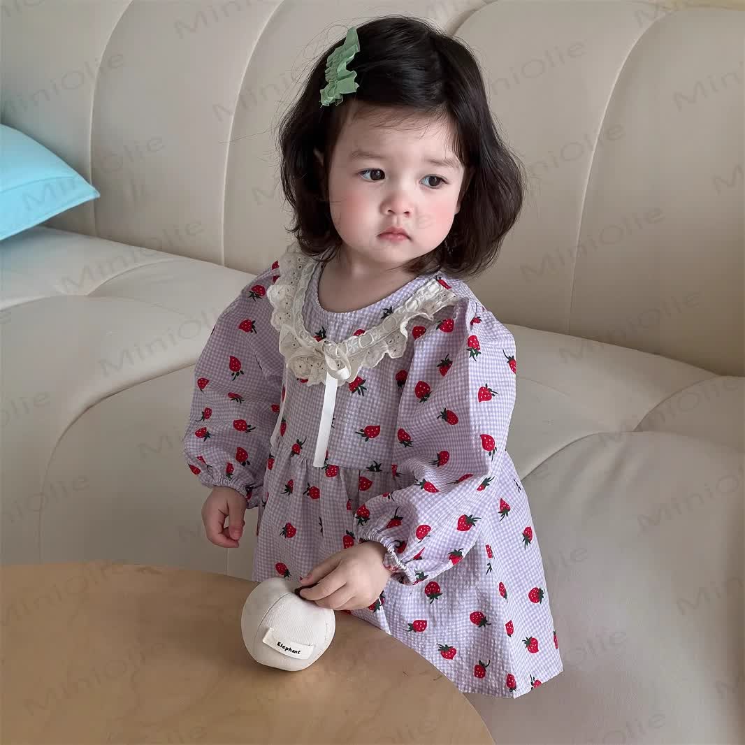 Baby Girl Lace Collar Bow Strawberry Purple Dress