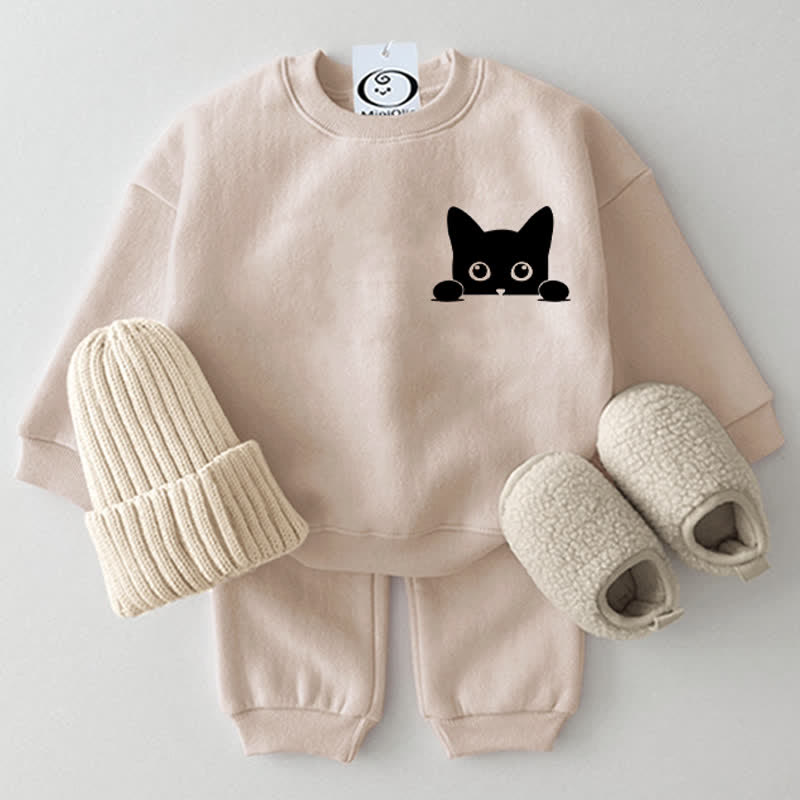 Baby Cute Black Cat Beige Sweatshirt 2-piece Set