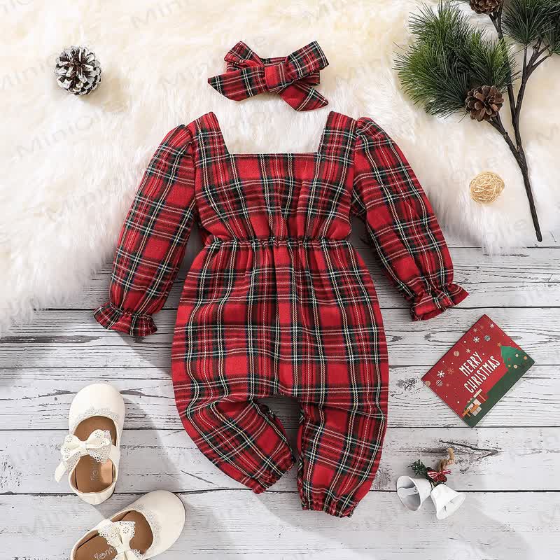 Baby Girl Red Plaid Romper with Bow Headband