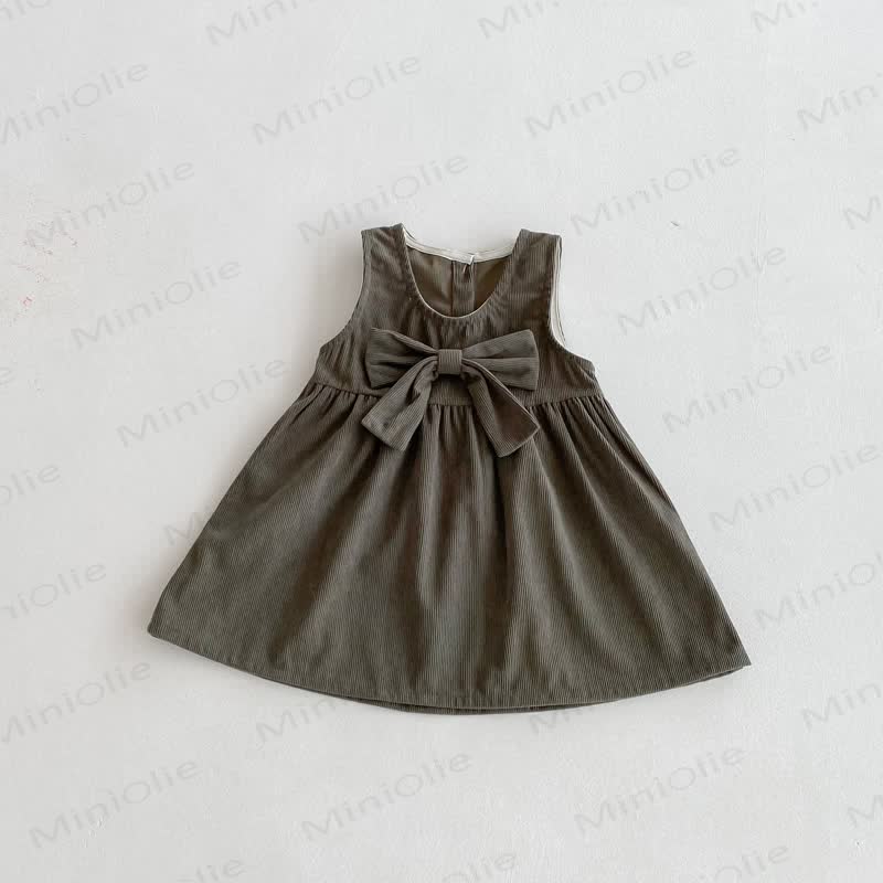 Toddler Girl Cord Bow Green Sleeveless Dress/Beige Baby Collar Top