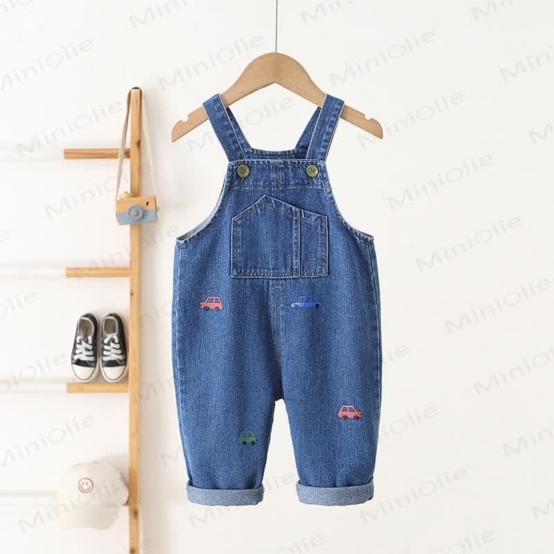 Toddler Car Embroidered Pocket Overalls