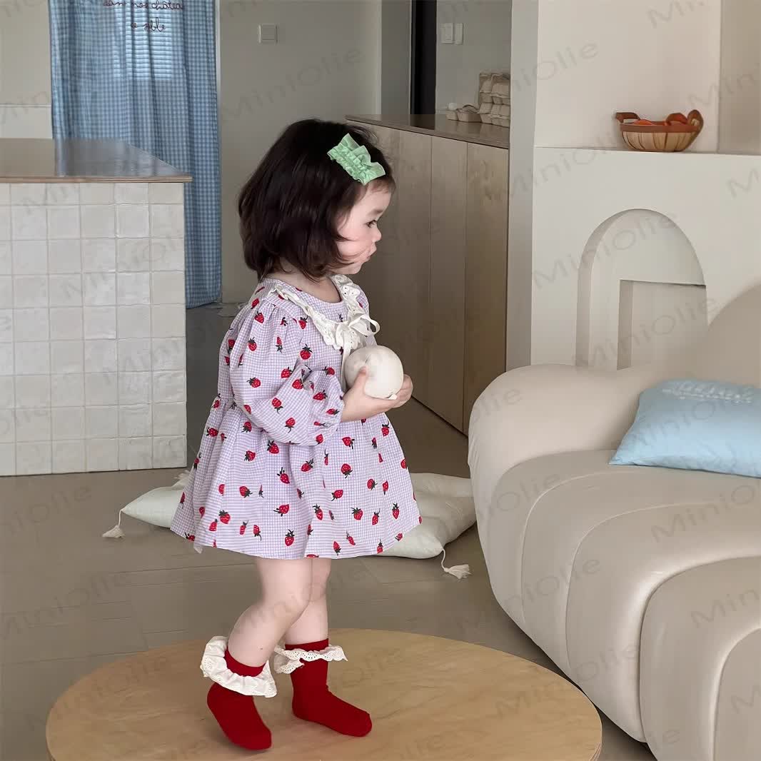 Baby Girl Lace Collar Bow Strawberry Purple Dress