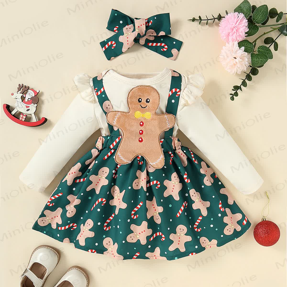 Baby Girl Gingerbread Man Green Dress With A Headband