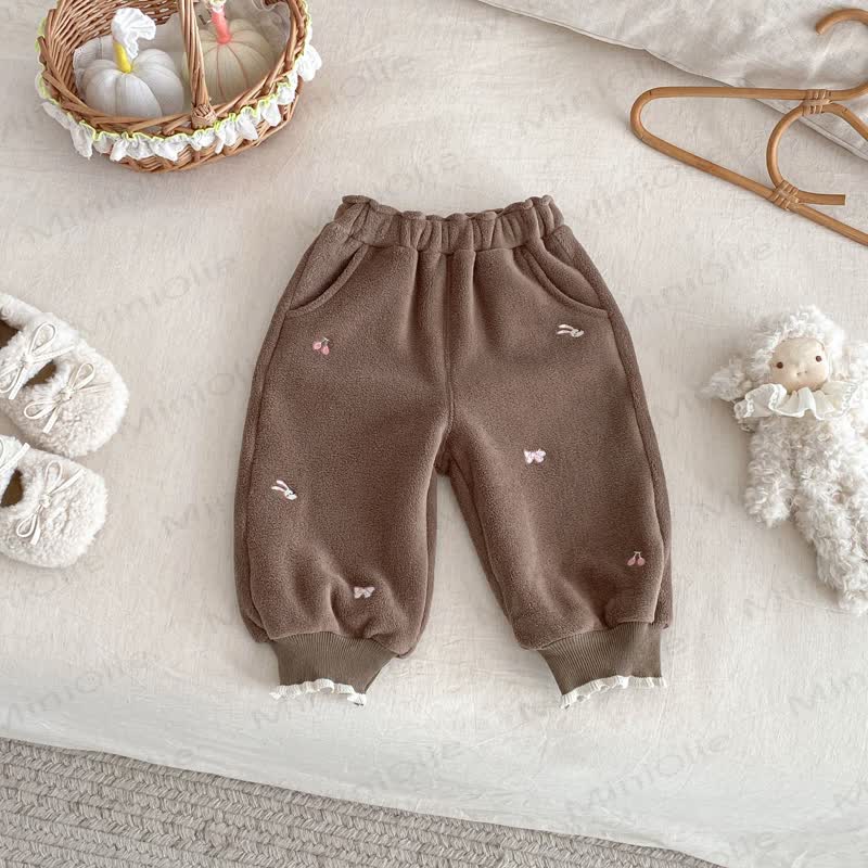 Baby Toddler Girl Embroidered Bow Rabbit Fleece Jogger Pants