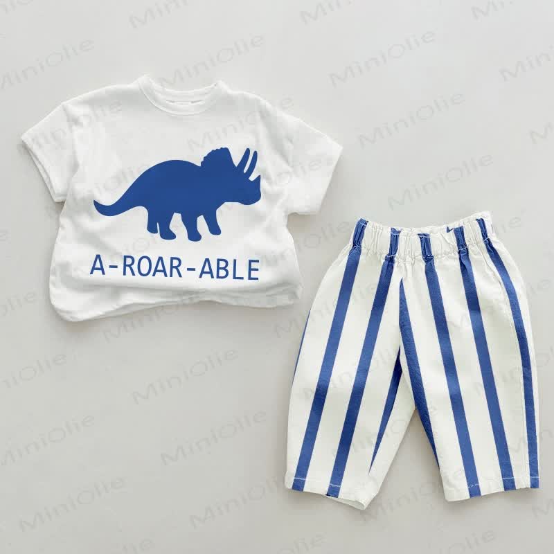 A-ROAR-ABLE Baby Dinosaur Blue Vertical Striped 2-piece Set