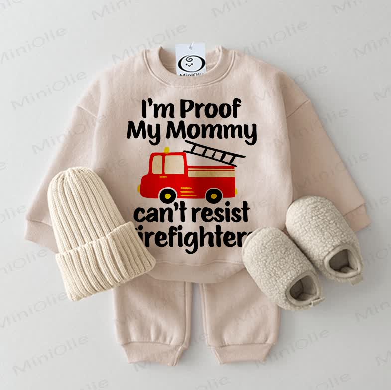 I'M PROOF MY MOMMY CAN'T RESIST FIREFIGHTERS Baby 2-piece Beige Set