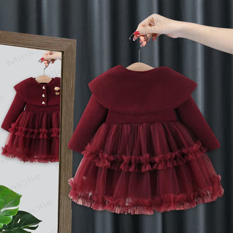 Baby Girl Bear Bow Red Fleece Lined Mesh Dress