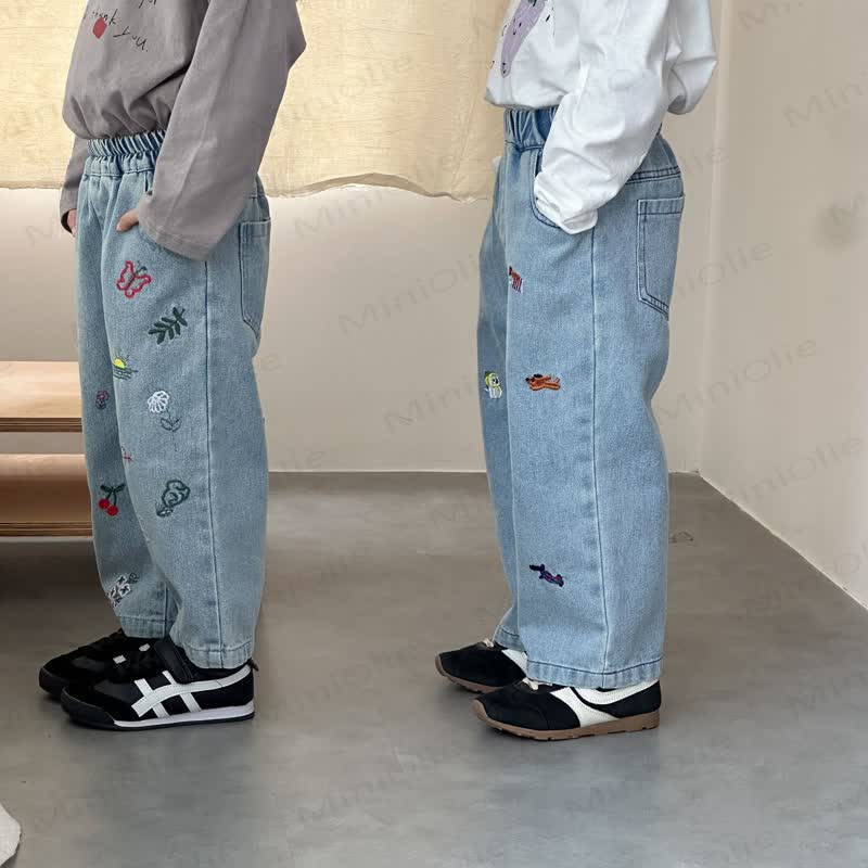 Baby Toddler Animal Plant Embroidered Denim Pants