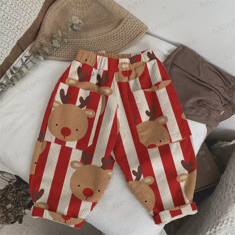 Baby Toddler Christmas Elk Red Vertical Striped Corduroy Pants
