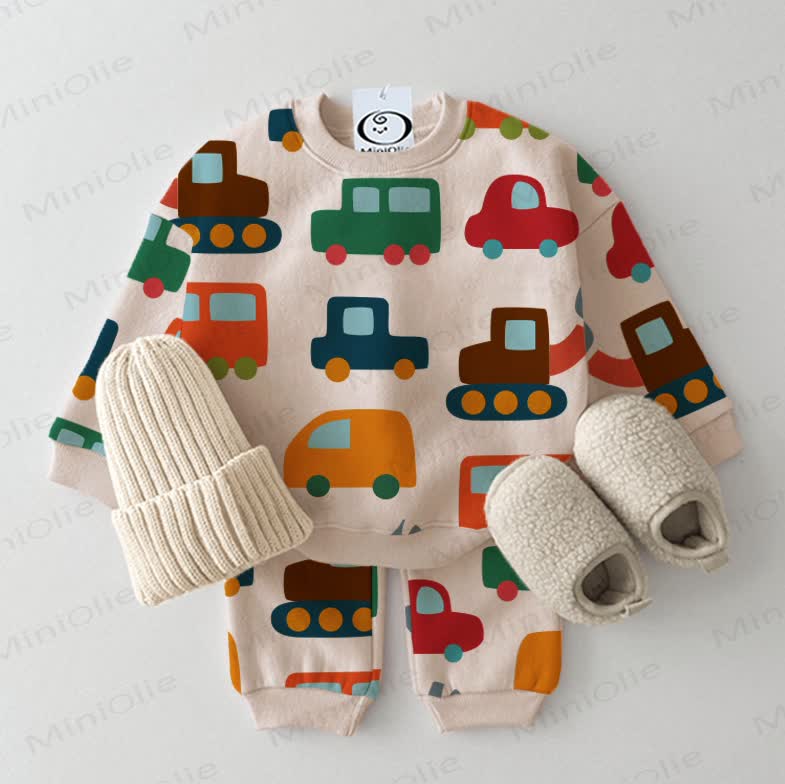 Baby Colorful Cartoon Cars Sweatshirt 2-piece Beige Set