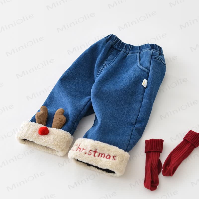 CHRISTMAS Baby Denim Deer Fleece Lined Pants