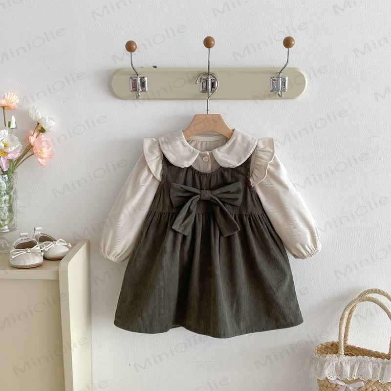 Toddler Girl Cord Bow Green Sleeveless Dress/Beige Baby Collar Top