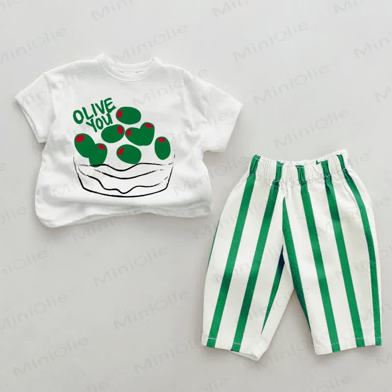 OLIVE YOU Baby Green Vertical Striped 2-piece Set