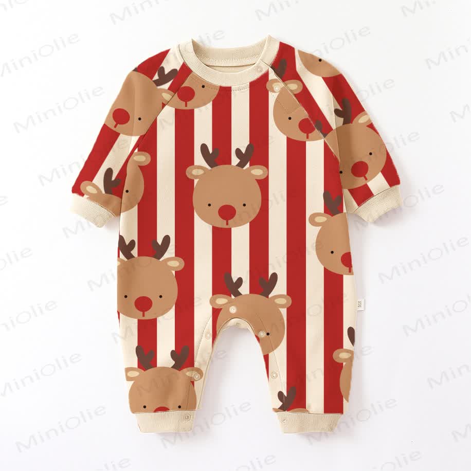 Baby Christmas Elk Red Vertical Striped Beige Romper
