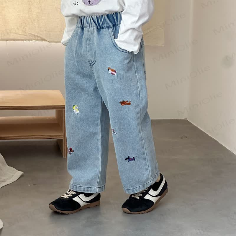 Baby Toddler Animal Plant Embroidered Denim Pants