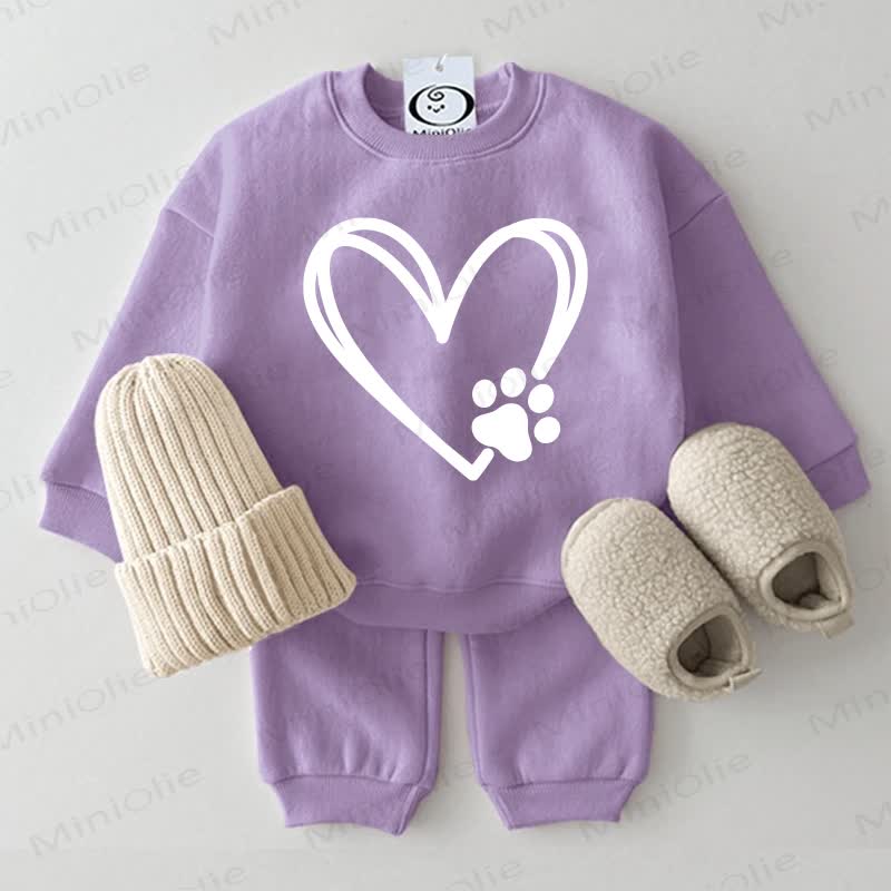 Baby Dog Paw Love Heart Purple Sweatsuit 2-piece Set
