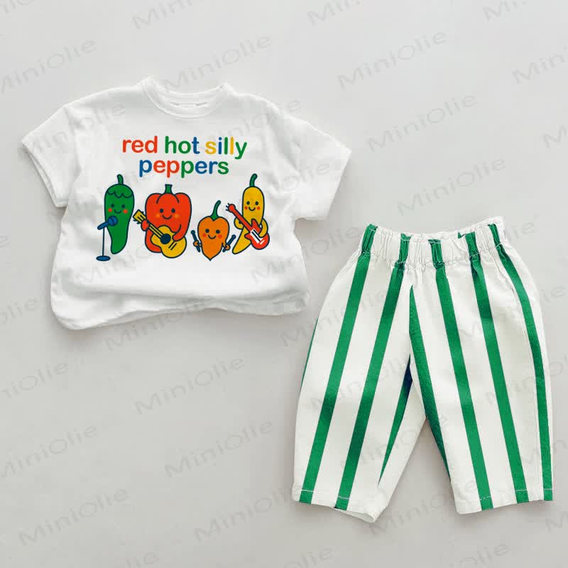 RED HOT SILLY PEPPERS Baby Green/Red Vertical Striped 2-piece Set
