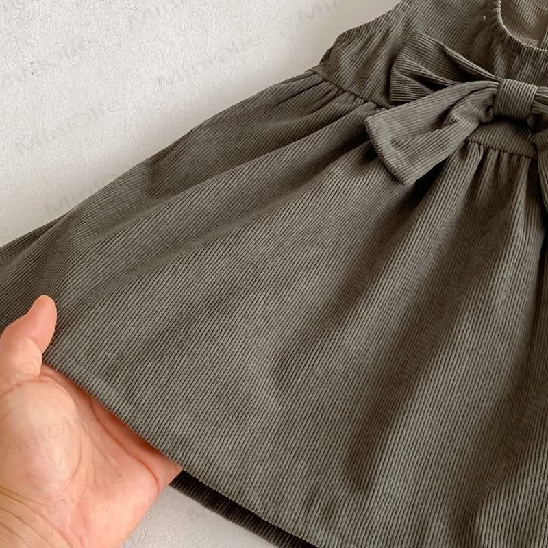 Toddler Girl Cord Bow Green Sleeveless Dress/Beige Baby Collar Top
