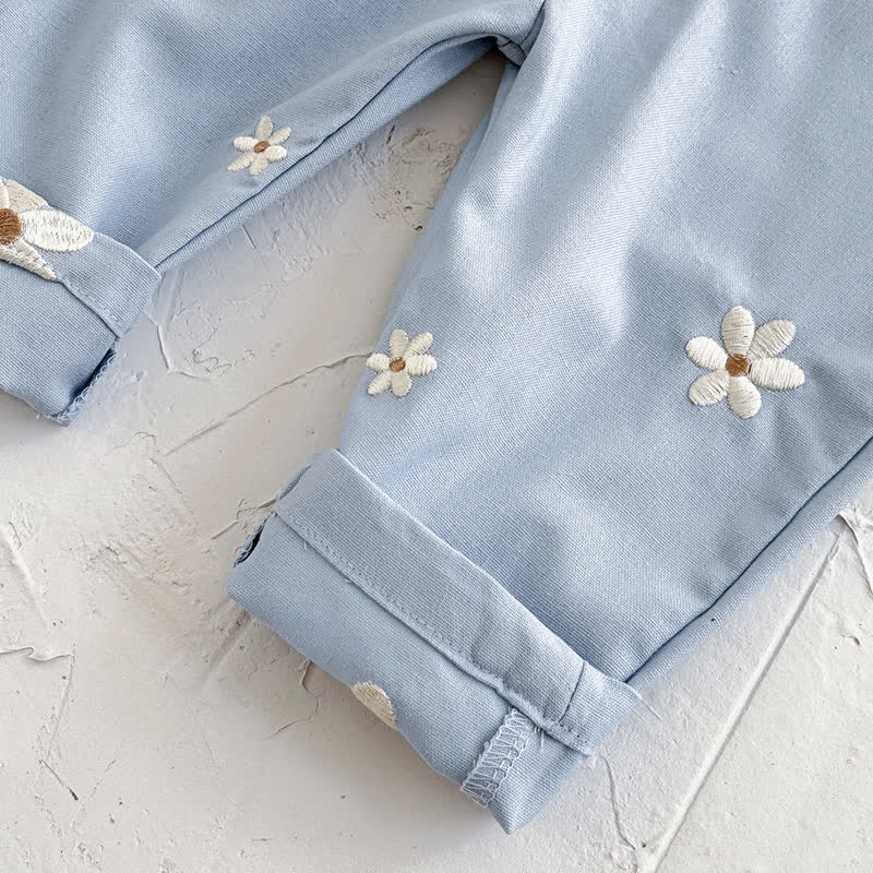 Baby Embroidered Flower Cute Blue Overalls
