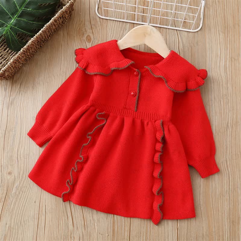 Toddler Lapel Knit Solid Color Dress