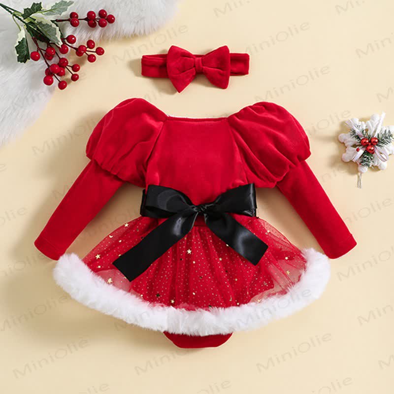 Baby Christmas Belt Skirted Bodysuit with Headband
