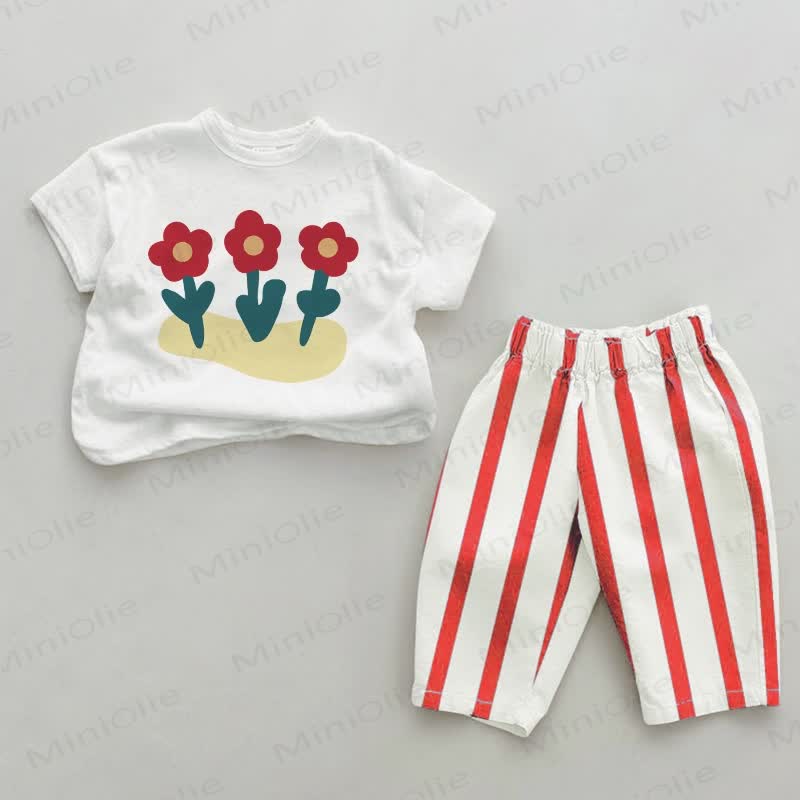 Baby 2-Piece Red Triple Flowers Striped Set