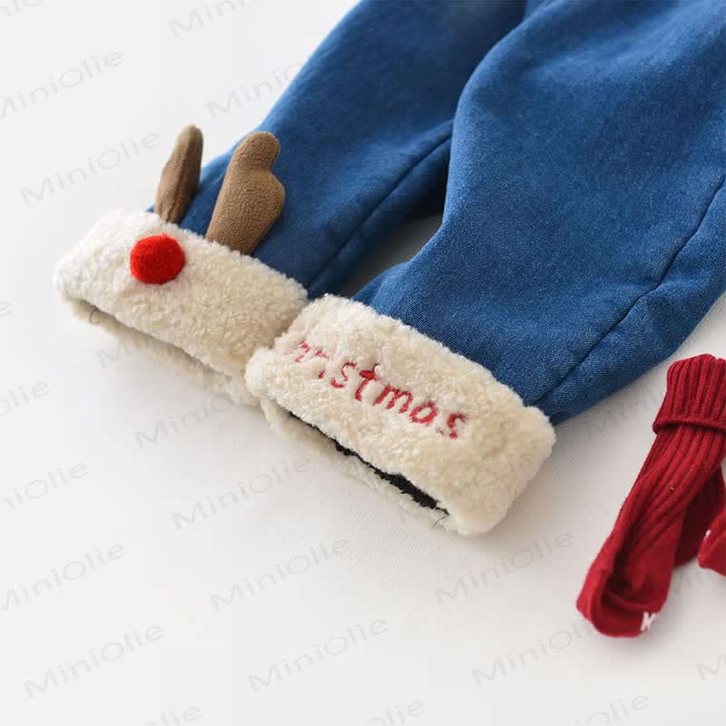 CHRISTMAS Baby Denim Deer Fleece Lined Pants