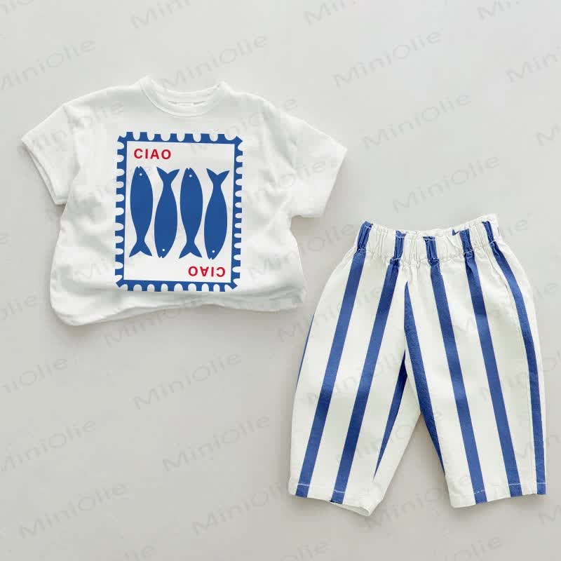 CIAO Baby Fish Stamp Blue Vertical Striped 2-piece Set